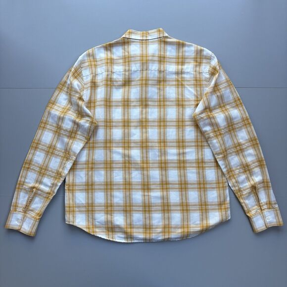 Sandro Paris Men XL Tartan Check Plaid Button Up Shirt Linen Cotton Yellow White - Picture 3 of 10